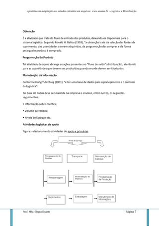 Apostila com adaptação aos estudos extraídos em arquivos: www.unama.br - Logística e Distribuição




Obtenção

É a atividade que trata do fluxo de entrada dos produtos, deixando-os disponíveis para o
sistema logístico. Segundo Ronald H. Ballou (1993), “a obtenção trata da seleção das fontes de
suprimento, das quantidades a serem adquiridas, da programação das compras e da forma
pela qual o produto é comprado.

Programação do Produto

Tal atividade de apoio abrange as ações presentes no “fluxo de saída” (distribuição), atentando
para as quantidades que devem ser produzidas,quando e onde devem ser fabricadas.

Manutenção da Informação

Conforme Hong Yuh Ching (2001), “é ter uma base de dados para o planejamento e o controle
da logística”.

Tal base de dados deve ser mantida na empresa e envolve, entre outros, os seguintes
seguimentos:

• Informação sobre clientes;

• Volume de vendas;

• Níveis de Estoque etc.

Atividades logísticas de apoio

Figura: relacionamento atividades de apoio x primárias




Prof. MSc. Sérgio Duarte                                                                  Página 7
 