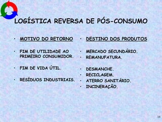16
LOGÍSTICA REVERSA DE PÓS-CONSUMO
• MOTIVO DO RETORNO
• FIM DE UTILIDADE AO
PRIMEIRO CONSUMIDOR.
• FIM DE VIDA ÚTIL.
• RESÍDUOS INDUSTRIAIS.
• DESTINO DOS PRODUTOS
• MERCADO SECUNDÁRIO.
• REMANUFATURA.
• DESMANCHE.
• RECICLAGEM.
• ATERRO SANITÁRIO.
• INCINERAÇÃO.
 