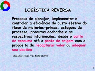 5
LOGÍSTICA REVERSA
Processo de planejar, implementar e
controlar a eficiência do custo efetivo do
fluxo de matérias-primas, estoques de
processo, produtos acabados e as
respectivas informações, desde o ponto
de consumo até o ponto de origem com o
propósito de recapturar valor ou adequar
seu destino.
ROGERS; TIBBEN-LEMBKE (1999)
 