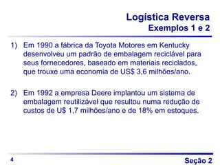 Seção 2
Logística Reversa
Exemplos 1 e 2
1) Em 1990 a fábrica da Toyota Motores em Kentucky
desenvolveu um padrão de embalagem reciclável para
seus fornecedores, baseado em materiais reciclados,
que trouxe uma economia de US$ 3,6 milhões/ano.
2) Em 1992 a empresa Deere implantou um sistema de
embalagem reutilizável que resultou numa redução de
custos de U$ 1,7 milhões/ano e de 18% em estoques.
4
 