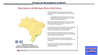 Parque de Recicladores no Brasil
ABNT NBR 16.156:2013
Resíduos de Equipamentos Eletroeletrônicos –
Requisitos para Atividade de Manufatura Reversa
 