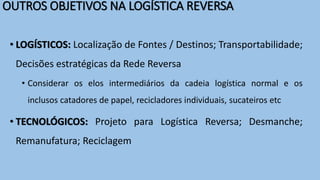 OUTROS OBJETIVOS NA LOGÍSTICA REVERSA
• LOGÍSTICOS: Localização de Fontes / Destinos; Transportabilidade;
Decisões estratégicas da Rede Reversa
• Considerar os elos intermediários da cadeia logística normal e os
inclusos catadores de papel, recicladores individuais, sucateiros etc
• TECNOLÓGICOS: Projeto para Logística Reversa; Desmanche;
Remanufatura; Reciclagem
 