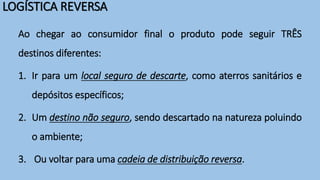 LOGÍSTICA REVERSA
Ao chegar ao consumidor final o produto pode seguir TRÊS
destinos diferentes:
1. Ir para um local seguro de descarte, como aterros sanitários e
depósitos específicos;
2. Um destino não seguro, sendo descartado na natureza poluindo
o ambiente;
3. Ou voltar para uma cadeia de distribuição reversa.
 