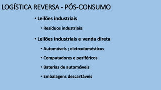 LOGÍSTICA REVERSA - PÓS-CONSUMO
• Leilões industriais
• Resíduos industriais
• Leilões industriais e venda direta
• Automóveis ; eletrodomésticos
• Computadores e periféricos
• Baterias de automóveis
• Embalagens descartáveis
 