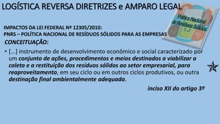 LOGÍSTICA REVERSA DIRETRIZES e AMPARO LEGAL
CONCEITUAÇÃO:
• [...] instrumento de desenvolvimento econômico e social caracterizado por
um conjunto de ações, procedimentos e meios destinados a viabilizar a
coleta e a restituição dos resíduos sólidos ao setor empresarial, para
reaproveitamento, em seu ciclo ou em outros ciclos produtivos, ou outra
destinação final ambientalmente adequada.
inciso XII do artigo 3º
IMPACTOS DA LEI FEDERAL Nº 12305/2010:
PNRS – POLÍTICA NACIONAL DE RESÍDUOS SÓLIDOS PARA AS EMPRESAS

 