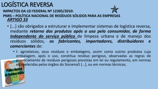 LOGÍSTICA REVERSA
ARTIGO 33
• [...] são obrigados a estruturar e implementar sistemas de logística reversa,
mediante retorno dos produtos após o uso pelo consumidor, de forma
independente do serviço público de limpeza urbana e de manejo dos
resíduos sólidos, os fabricantes, importadores, distribuidores e
comerciantes de:
• I- agrotóxicos, seus resíduos e embalagens, assim como outros produtos cuja
embalagem, após o uso, constitua resíduo perigoso, observadas as regras de
gerenciamento de resíduos perigosos previstas em lei ou regulamento, em normas
estabelecidas pelos órgãos do Sisnama5 [...], ou em normas técnicas;
IMPACTOS DA LEI FEDERAL Nº 12305/2010:
PNRS – POLÍTICA NACIONAL DE RESÍDUOS SÓLIDOS PARA AS EMPRESAS

 