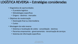 LEITE CONSULTORIA
PAULO ROBERTO LEITE
LOGÍSTICA REVERSA – Estratégias consideradas
• Diagnóstico de oportunidades
• O produto logístico
• Metodologias específicas
• Origens - destinos - mercados
• Objetivos de revalorização
• Destinação final ou intermediária
• Custos
• Montagem da rede reversa
• Sistemas e localização de coleta - consolidação - destinos
• Parcerias empresariais - governamentais - terceirização de serviços
• Sistemas de informação específicos
 
