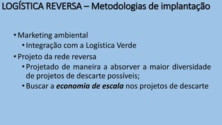 •Marketing ambiental
• Integração com a Logística Verde
•Projeto da rede reversa
• Projetado de maneira a absorver a maior diversidade
de projetos de descarte possíveis;
• Buscar a economia de escala nos projetos de descarte
LOGÍSTICA REVERSA – Metodologias de implantação
 