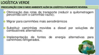 LOGÍSTICA VERDE
PREOCUPAÇÃO COM O MEIO AMBIENTE ALÉM DA LOGÍSTICA PURAMENTE REVERSA
 