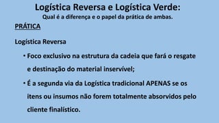 PRÁTICA
Logística Reversa
• Foco exclusivo na estrutura da cadeia que fará o resgate
e destinação do material inservível;
• É a segunda via da Logística tradicional APENAS se os
itens ou insumos não forem totalmente absorvidos pelo
cliente finalístico.
Logística Reversa e Logística Verde:
Qual é a diferença e o papel da prática de ambas.
 