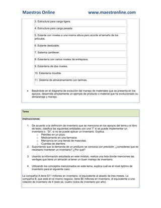 Maestros Online www.maestronline.com 
3. Estructura para carga ligera. 4. Estructura para carga pesada. 5. Estante con niveles a una misma altura pero acorde al tamaño de los artículos. 6. Estante deslizable. 7. Sistema cantilever. 8. Estantería con varios niveles de entrepisos. 9. Estantería de dos niveles. 10. Estantería movible. 11. Sistema de almacenamiento con tarimas.  Basándote en el diagrama de evolución del manejo de materiales que se presenta en los apoyos, desarrolla ampliamente un ejemplo de producto o material que ha evolucionado su almacenaje y manejo. 
Tarea Instrucciones: 1. De acuerdo a la definición de inventario que se menciona en los apoyos del tema y el libro de texto, clasifica las siguientes entidades con una “I” si se puede implementar un inventario o “SI”, si no se puede aplicar un inventario. Explica. o Petróleo en un pozo. o Medicamento en una farmacia. o Mercancía en una tienda de mascotas. o Cuerdas de alambre. 2. Suponiendo que la demanda de un producto se conozca con precisión, ¿consideras que es necesario mantener un inventario? ¿Por qué? 3. Usando la información estudiada en este módulo, realiza una lista donde menciones las ventajas que tiene un almacén al tener un buen manejo de inventario. 4. Utilizando los conceptos mencionados en este tema, explica cuál es el nivel óptimo de inventario para el siguiente caso: La compañía A tiene $11 millones en inventario, el equivalente al abasto de tres meses. La compañía B, que está en el mismo negocio, tiene $6 millones en inventario, el equivalente a una rotación de inventario de 4 (esto es, cuatro ciclos de inventario por año).  
