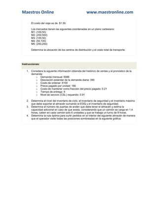 Maestros Online www.maestronline.com 
El costo del viaje es de: $1.50. Los mercados tienen las siguientes coordenadas en un plano cartesiano: M1: (100,50) M2: (200,500) M3: (100,50) M4: (50,100) M5: (250,250) Determina la ubicación de los centros de distribución y el costo total de transporte. 
Instrucciones: 1. Considera la siguiente información obtenida del histórico de ventas y el pronostico de la demanda: o Demanda mensual: 6586 o Desviación estándar de la demanda diaria: 390 o Costo de ordenar: 6100 o Precio pagado por unidad: 180 o Costo de mantener como fracción del precio pagado: 0.21 o Tiempo de entrega: 9 o Nivel de servicio (CSL) requerido: 0.91 2. Determina el nivel del inventario de ciclo, el inventario de seguridad y el inventario máximo que debe soportar el almacén sumando el EOQ y el inventario de seguridad. 3. Determina el número de puertas de andén que debe tener el almacén y estima la capacidad adicional en caso de que exista, considerando que un camión se carga en 1.4 horas, caben en cada camión solo 6 unidades y que se trabaja un turno de 8 horas. 4. Determina la ruta óptima para surtir pedidos en el interior del siguiente almacén de manera que el operador visite todas las posiciones sombreadas en la siguiente gráfica:  