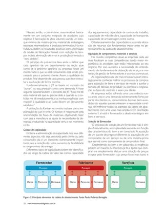 nasceu, então, o just-in-time, resumindo-se basica-             dos equipamentos, capacidade de centros de trabalho,
mente em um conjunto integrado de atividades cujo                    capacidade de mão-de-obra, capacidade de transporte,
objetivo é fabricação de altos volumes usando um esto-               capacidade de armazenagem, entre outros.
que mínimo de matéria-prima, material de embalagem,                     o balanceamento das capacidades e a correta aloca-
estoques intermediários e produtos terminados. na ma-                ção de recursos são fundamentos importantes no ge-
nufatura, obtêm-se resultados positivos com a formação               renciamento da cadeia de abastecimento.
de células de fabricação flexível, com redução de tem-
                                                                     Aquisição de componentes, materiais e serviços
pos inúteis, eliminação de erros e produção orientada a
                                                                        no mundo competitivo atual, as empresas cada vez
“zero defeito”.
                                                                     mais focalizam as suas competências dando maior im-
     O princípio do just-in-time leva ainda a definir que
                                                                     portância às atividades que estão relacionadas ao seu
cada operário de um departamento ou seção atue
                                                                     negócio. por isso, aumenta a necessidade do entendi-
como se o próximo operário ou processo fosse um
                                                                     mento de fundamentos de obtenção de serviços e ma-
cliente. tudo o que se está consumindo está sendo pro-
                                                                     teriais, de gestão de fornecedores e acordos contratuais.
cessado para o próximo cliente. Assim, a qualidade do
                                                                        As organizações cada vez mais enxutas, buscam estra-
produto final depende de cada pessoa, que deve execu-
                                                                     tegicamente conhecer melhor os processos de compras
tar a sua função de forma correta.
                                                                     para aquisição de bens e serviços de modo a auxiliar a
     Fundamentalmente, o Jit se baseia no conceito do
                                                                     tomada de decisão de produzir ou comprar, a negocia-
“puxar”, ou seja, produzir contra uma demanda. A frase
                                                                     ção, os tipos de contrato e assim por diante.
seguinte caracteriza bem o conceito do Jit: “não me dê
                                                                        as empresas estão sofrendo uma concorrência nun-
este material até que eu precise dele, e quando eu o so-
                                                                     ca antes vista e uma demanda extremamente forte por
licitar me dê imediatamente, e as minhas exigências com
                                                                     parte dos clientes ou consumidores. as mais bem-suce-
respeito à qualidade e ao custo devem ser plenamente
                                                                     didas são aquelas que reconhecem a necessidade contí-
satisfeitas.”
                                                                     nua de melhorar todos os aspectos da cadeia de abas-
     a utilização do Kanban se constitui na base para a im-
                                                                     tecimento com uma visão mais ampla e com orientação
plantação do just-in-time. o Kanban é responsável pela
                                                                     externa. E aí está o fornecedor, o aliado estratégico em
sincronização do fluxo de materiais, objetivando fazer
                                                                     bens e serviços.
com que a manufatura se ajuste às necessidades da de-
manda, produzindo na quantidade certa e no momento                   Seleção de fornecedor
certo.                                                                   o processo de seleção de um fornecedor não é sim-
                                                                     ples. Naturalmente, a complexidade aumenta em função
Gestão de capacidade
                                                                     das características do item a ser comprado. a aquisição
   embora a administração da capacidade, nos seus dife-
                                                                     de um pacote de pregos é diferente da aquisição de um
rentes aspectos, não seja percebida pelo cliente ou pelo
                                                                     computador, de um serviço ou de uma matéria-prima
consumidor, ela é um elemento extremamente impor-
                                                                     que servirá como componente de um produto final.
tante para a redução de custos, aumento de flexibilidade
                                                                         Dependendo do item a ser adquirido, as exigências
e compromisso de entrega.
                                                                     podem ser maiores ou menores. Já foi a época que com-
   Diferentes tipos de capacidade podem ser identifica-
                                                                     prar era simplesmente efetuar uma cotação de preços
dos ao longo da cadeia de valor, tais como: capacidade
                                                                     e optar pelo fornecedor cujo preço fosse mais baixo e


              fornecedor                                   fabricante                                Varejista
                 PlaneJar                                     PlaneJar                                PlaneJar




    obter       ProduZir      distribuir         obter       ProduZir      distribuir        obter               distribuir




figura 2. Principais elementos da cadeia de abastecimento. Fonte: Paulo Roberto Bertaglia.

34 www.revistamundologistica.com.br
 