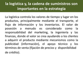 La logística controla los valores de tiempo y lugar en los
productos, principalmente mediante el transporte, el
flujo de información y los inventarios. El valor de
posesión a menudo es considerado como la
responsabilidad del marketing, la ingeniería y las
finanzas, donde el valor se crea ayudando a los clientes
a adquirir el producto mediante mecanismos como la
publicidad (información), el apoyo técnico y los
términos de venta (fijación de precios y disponibilidad
de crédito).
la logística y, la cadena de suministros son
importantes en la estrategia
 