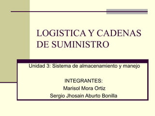 LOGISTICA Y CADENAS
DE SUMINISTRO
Unidad 3: Sistema de almacenamiento y manejo
INTEGRANTES:
Marisol Mora Ortiz
Sergio Jhosain Aburto Bonilla

 
