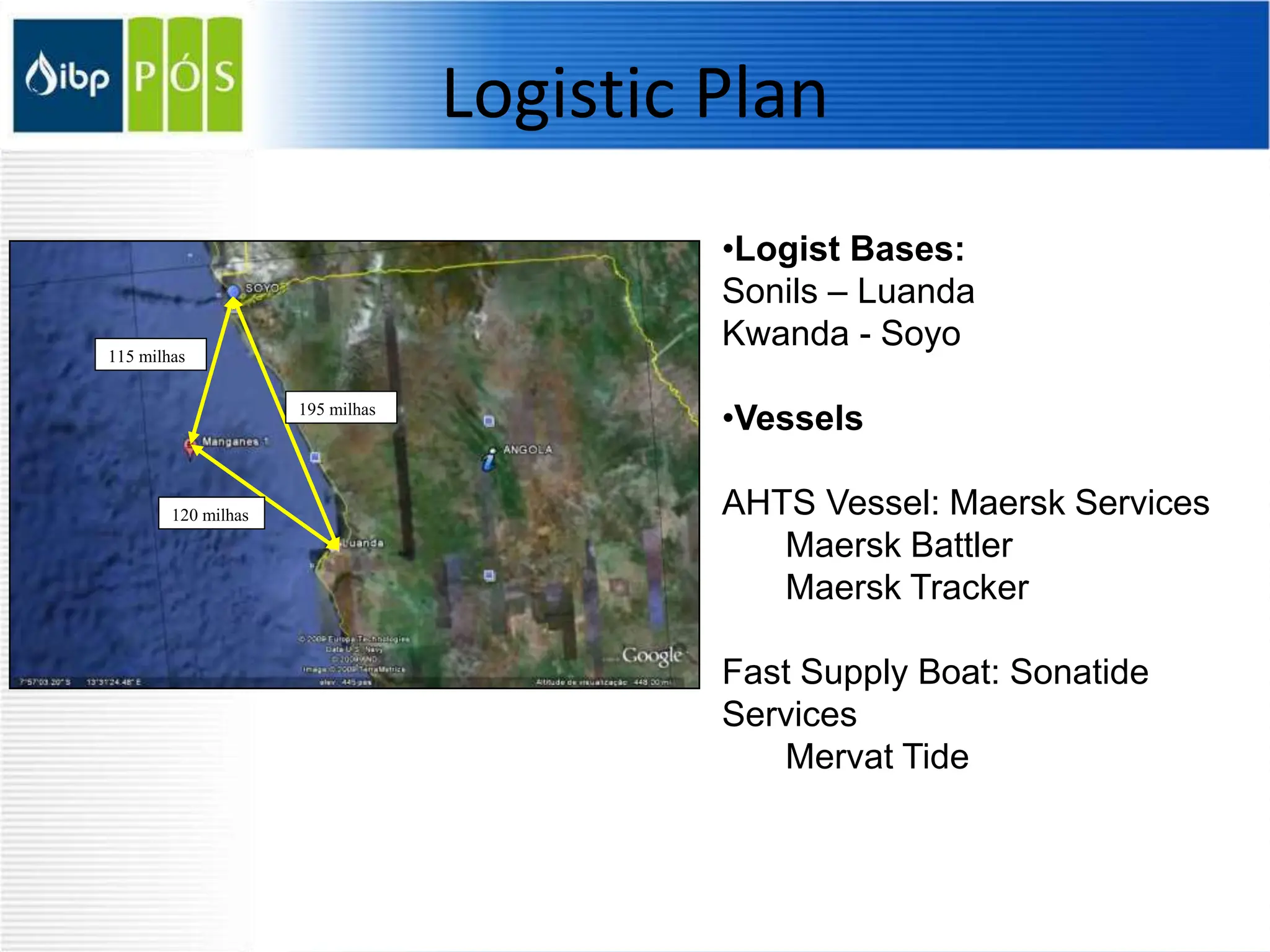 Logistic Plan
120 milhas
195 milhas
115 milhas
•Logist Bases:
Sonils – Luanda
Kwanda - Soyo
•Vessels
AHTS Vessel: Maersk Services
Maersk Battler
Maersk Tracker
Fast Supply Boat: Sonatide
Services
Mervat Tide
 