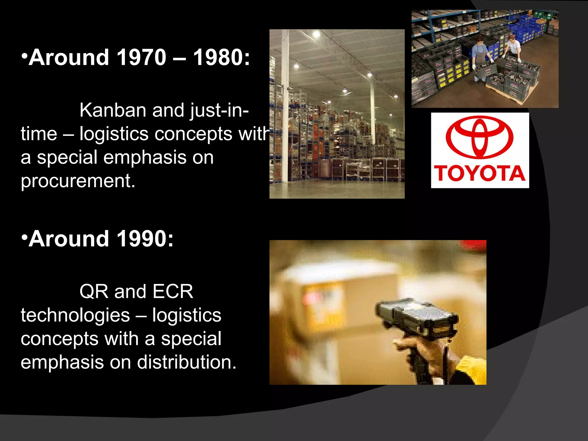 Around 1970 – 1980: Kanban and just-in-time – logistics concepts with a special emphasis on procurement. Around 1990:  QR and ECR technologies – logistics concepts with a special emphasis on distribution. Around 1990:  QR and ECR technologies – logistics concepts with a special emphasis on distribution. 