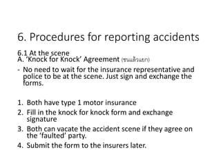 6. Procedures for reporting accidents
6.1 At the scene
A. ‘Knock for Knock’ Agreement (ชนแล้วแยก)
- No need to wait for the insurance representative and
police to be at the scene. Just sign and exchange the
forms.
1. Both have type 1 motor insurance
2. Fill in the knock for knock form and exchange
signature
3. Both can vacate the accident scene if they agree on
the ‘faulted’ party.
4. Submit the form to the insurers later.
 