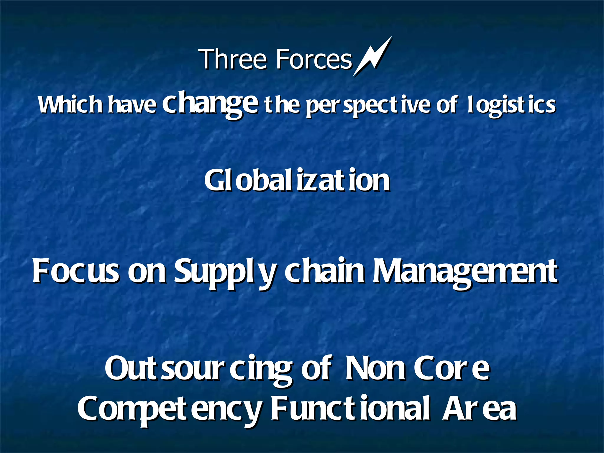 Three Forces  Which have  change  the perspective of logistics Globalization Focus on Supply chain Management Outsourcing of Non Core Competency Functional Area 