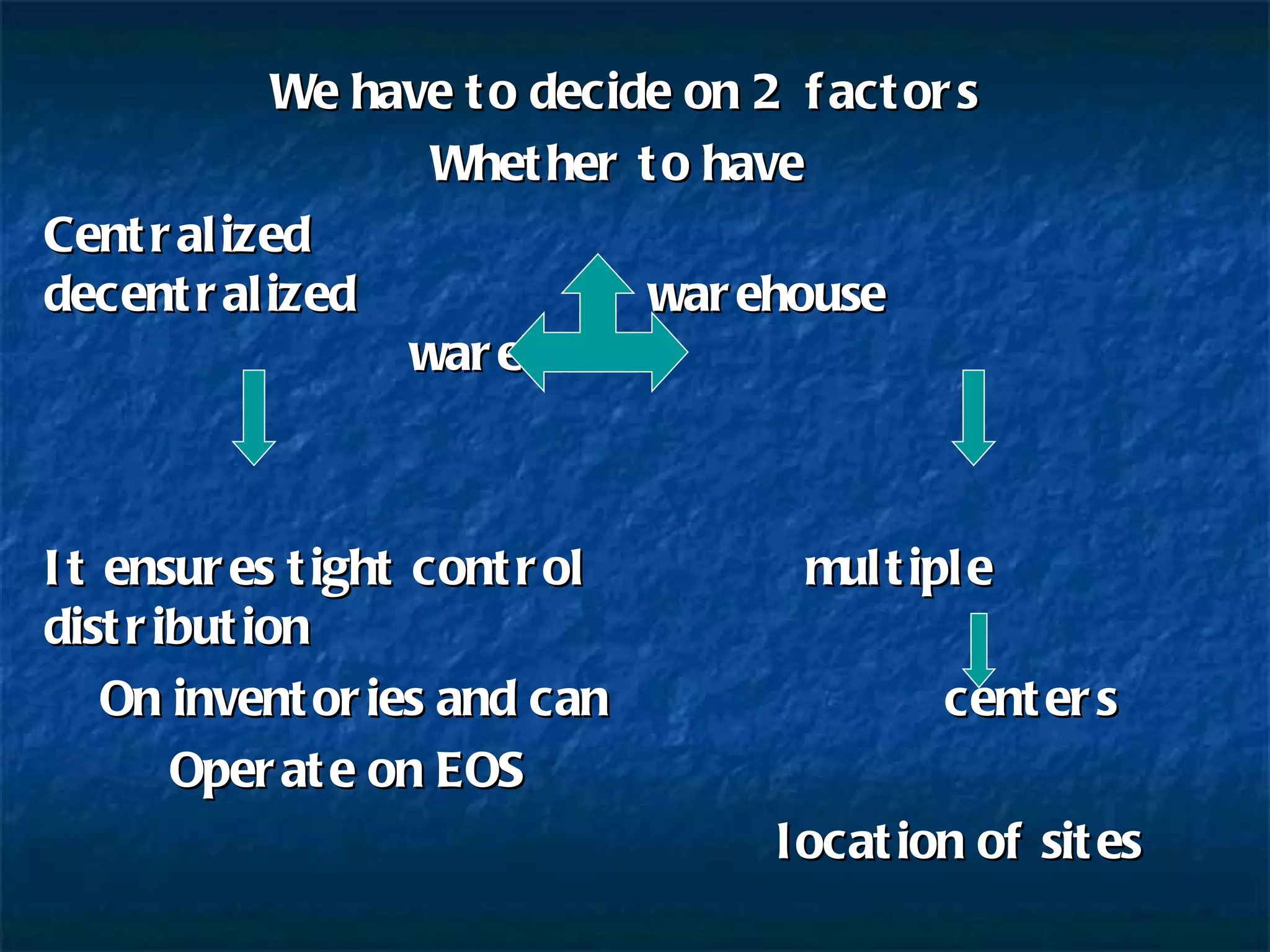We have to decide on 2 factors Whether to have  Centralized    decentralized  warehouse   warehouse  It ensures tight control multiple distribution  On inventories and can   centers  Operate on EOS   location of sites 