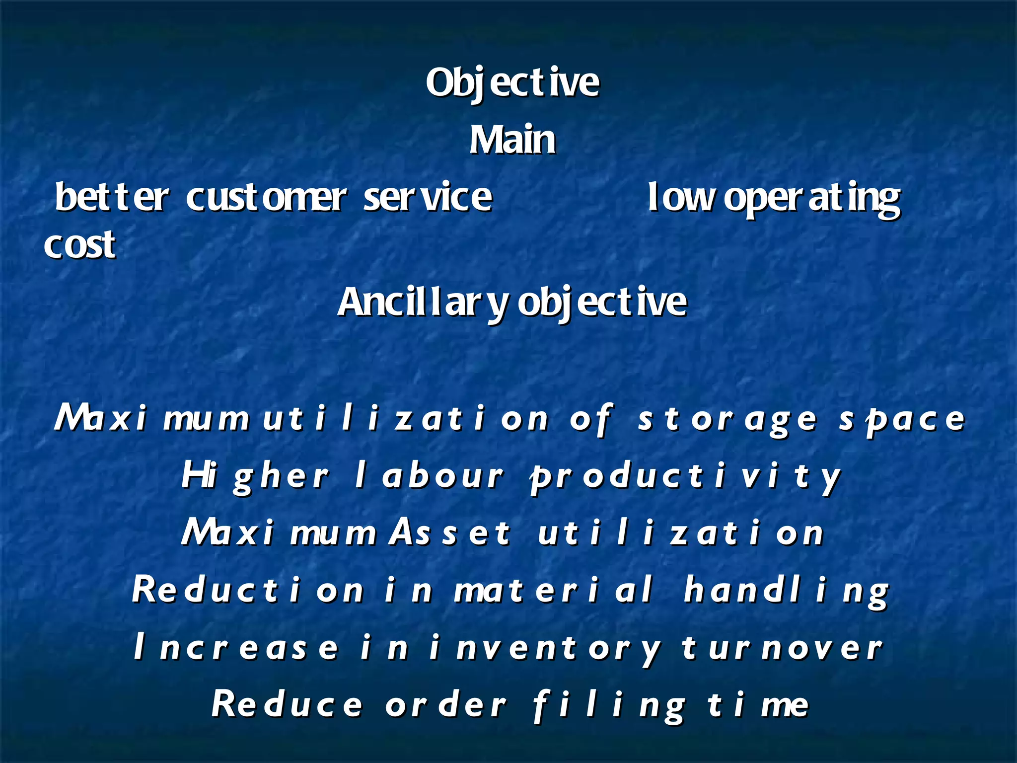 Objective Main better customer service  low operating cost Ancillary objective Maximum utilization of storage space Higher labour productivity Maximum Asset utilization  Reduction in material handling Increase in inventory turnover Reduce order filing time 