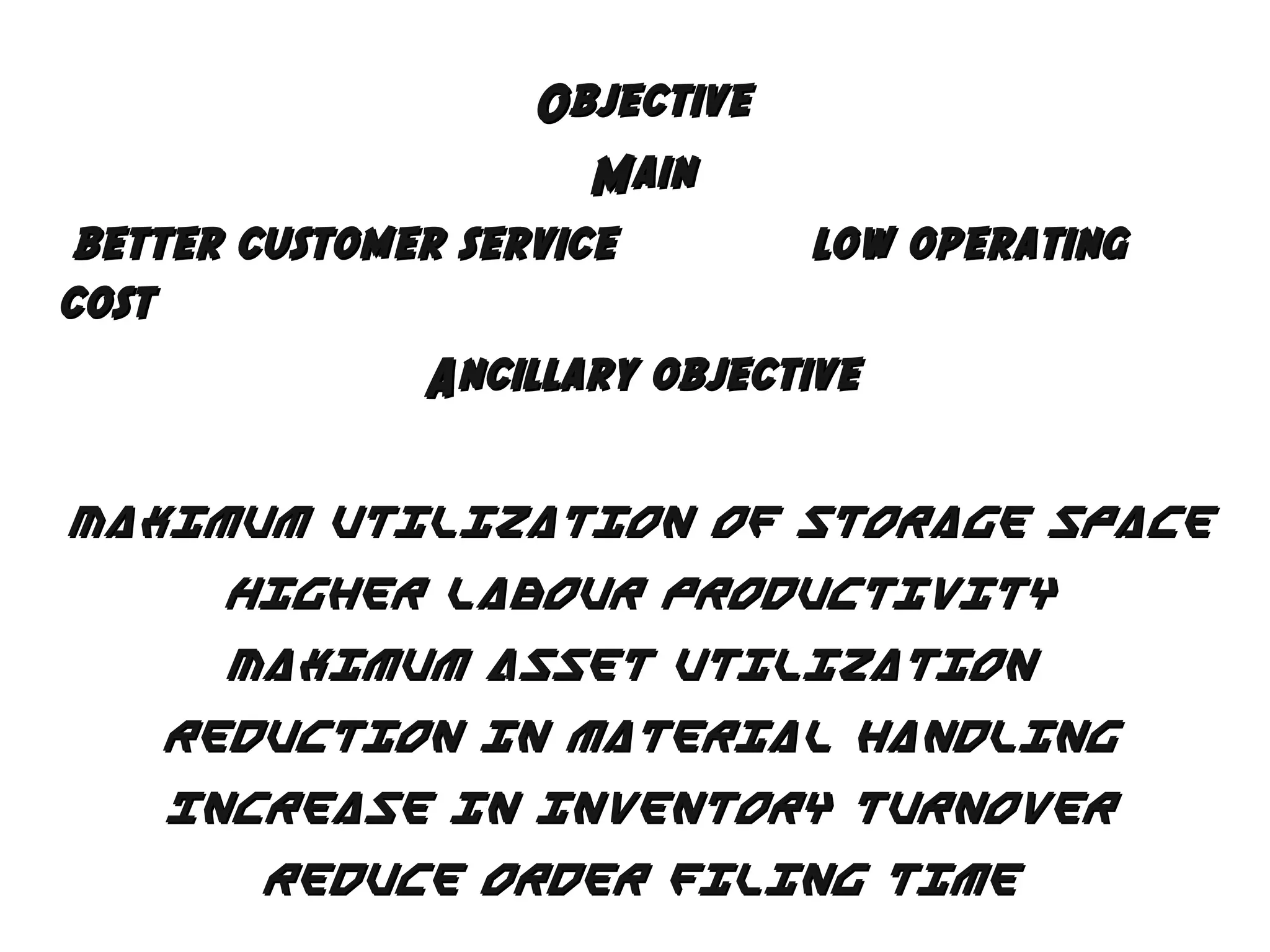 Objective
Main
better customer service
low operating
cost
Ancillary objective
Maximum utilization of storage space
Higher labour productivity
Maximum Asset utilization
Reduction in material handling
Increase in inventory turnover
Reduce order filing time

 