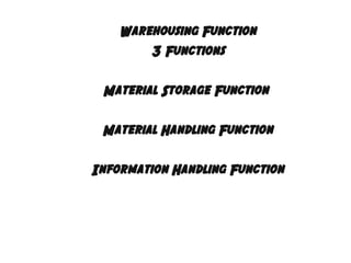 Warehousing Function
3 Functions
Material Storage Function
Material Handling Function
Information Handling Function

 
