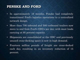 PENSKE AND FORD
• In approximately 18 months, Penske had completely
transitioned Ford's logistics operations to a centralized
network design.
• More than 700 inbound and 500 outbound trailers now
move to and from Ford's ODCs per day, with most loads
carrying at 95 percent capacity.
• Shipments are consolidated at the ODC and previously
unused cross-docking space is now in high demand.
• Fourteen million pounds of freight are cross-docked
each day, resulting in an inventory reduction of 15
percent.
 