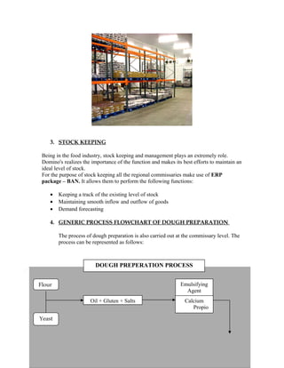 3. STOCK KEEPING
Being in the food industry, stock keeping and management plays an extremely role.
Domino's realizes the importance of the function and makes its best efforts to maintain an
ideal level of stock.
For the purpose of stock keeping all the regional commissaries make use of ERP
package – BAN. It allows them to perform the following functions:
• Keeping a track of the existing level of stock
• Maintaining smooth inflow and outflow of goods
• Demand forecasting
4. GENERIC PROCESS FLOWCHART OF DOUGH PREPARATION
The process of dough preparation is also carried out at the commissary level. The
process can be represented as follows:
Flour
Yeast
Oil + Gluten + Salts Calcium
Propio
nate
Emulsifying
Agent
DOUGH PREPERATION PROCESS
 
