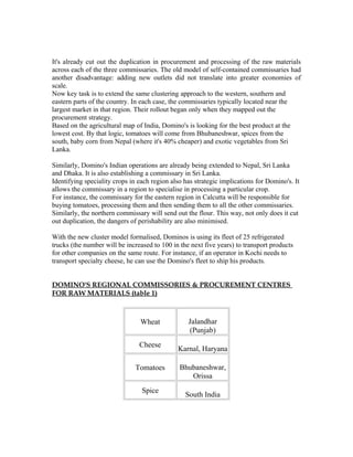 It's already cut out the duplication in procurement and processing of the raw materials
across each of the three commissaries. The old model of self-contained commissaries had
another disadvantage: adding new outlets did not translate into greater economies of
scale.
Now key task is to extend the same clustering approach to the western, southern and
eastern parts of the country. In each case, the commissaries typically located near the
largest market in that region. Their rollout began only when they mapped out the
procurement strategy.
Based on the agricultural map of India, Domino's is looking for the best product at the
lowest cost. By that logic, tomatoes will come from Bhubaneshwar, spices from the
south, baby corn from Nepal (where it's 40% cheaper) and exotic vegetables from Sri
Lanka.
Similarly, Domino's Indian operations are already being extended to Nepal, Sri Lanka
and Dhaka. It is also establishing a commissary in Sri Lanka.
Identifying speciality crops in each region also has strategic implications for Domino's. It
allows the commissary in a region to specialise in processing a particular crop.
For instance, the commissary for the eastern region in Calcutta will be responsible for
buying tomatoes, processing them and then sending them to all the other commissaries.
Similarly, the northern commissary will send out the flour. This way, not only does it cut
out duplication, the dangers of perishability are also minimised.
With the new cluster model formalised, Dominos is using its fleet of 25 refrigerated
trucks (the number will be increased to 100 in the next five years) to transport products
for other companies on the same route. For instance, if an operator in Kochi needs to
transport specialty cheese, he can use the Domino's fleet to ship his products.
DOMINO'S REGIONAL COMMISSORIES & PROCUREMENT CENTRES
FOR RAW MATERIALS (table 1)
Wheat Jalandhar
(Punjab)
Cheese
Karnal, Haryana
Tomatoes Bhubaneshwar,
Orissa
Spice
South India
 