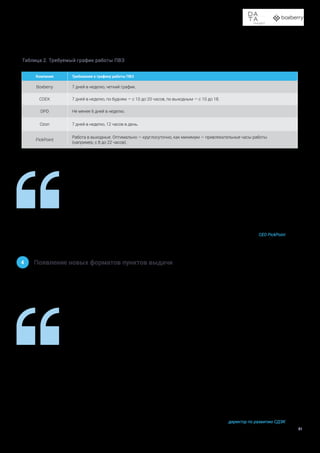 Доставка в пункты выдачи заказов и постаматы
31
Таблица 2. Требуемый график работы ПВЗ
Компания Требования к графику работы ПВЗ
Boxberry 7 дней в неделю, четкий график.
CDEK 7 дней в неделю, по будням — с 10 до 20 часов, по выходным — с 10 до 18.
DPD Не менее 6 дней в неделю.
Ozon 7 дней в неделю, 12 часов в день.
PickPoint
Работа в выходные. Оптимально — круглосуточно, как минимум — привлекательные часы работы
(например, с 8 до 22 часов).
Предсказуемость доставки, доставка в узкие временные слоты и ее безопасность выходят
на первый план. Покупатель хочет точно знать, когда будет доставлен заказ, иметь возмож-
ность самому выбирать время получения и быть уверенным, что это безопасно для него
и его родных.
Поэтому мы внедрили 2 волны доставки по Москве и области, а для регионов реализовали
опцию получения точной даты доставки на наших онлайн-ресурсах.
Надежда Романова
CEO PickPoint
Пункты выдачи будут развиваться дальше и видоизменяться. Они будут сегментироваться
в разные варианты пунктов выдачи заказов. Например, появится больше постаматов и
пункты, совмещающие стандартный офис и постамат; большие и маленькие; с дополнитель-
ными услугами и без них. Все эти варианты будут нацелены на удобство клиентов: по терри-
тории и целевой аудитории.
В 2020 мы запустили сеть собственных постаматов OmniCDEK и будем активно расширять
ее в следующем году. Создали несколько новых форматов пунктов выдачи заказов —
в дополнение к базовому офису:
•	 мини-ПВЗ. Они меньше по размеру и могут быть размещены как корнеры в торговых
центрах;
•	 проект «Райцентры» — пункты выдачи, которые открывают в городах с населением
меньше 50 тысяч человек. Они адаптированы специально под небольшие поселки;
•	 ритейл-ПВЗ — формат пунктов выдачи заказов, в котором объединены функции офиса и
сетевого магазина. Проект запущен совместно с сетями «Градусы», «Енисей», «Золушка».
Сергей Егоров
директор по развитию СДЭК
4 Появление новых форматов пунктов выдачи
По мере расширения сетей ПВЗ и поиска новых партнеров,
а также благодаря комбинированию разных возможностей
появляются новые форматы ПВЗ. Учитывая рост электрон-
ной торговли в целом, можно прогнозировать открытие
пунктов выдачи в сетевых организациях любого типа — от
кафе и ресторанов до станций общественного транспорта.
 