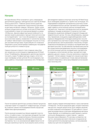 37
Начало
История бизнеса 5Post начинается с даты утверждения
данной бизнес-единицы наблюдательным советом Х5 Retail
Group в июле 2019 г. Главным шагом начала существо-
вания 5Post стало подписание стратегического договора
на доставку китайских товаров с AliExpress. Проект начал
успешно осуществляться на базе логистики Х5 Retail Group
и крупнейшей в стране сети магазинов формата «у дома»
«Пятёрочка». Данная инфраструктурная особенность по-
зволила проекту реализовать принцип попутной логистики
на последней миле – все точки обслуживаются с одинако-
вым качеством сервиса, независимо от количества заказов,
не требуют обеспечивать консолидацию посылок на точку
для экономичной доставки. В дальнейшем это позволило
предложить рынку неповторимую комбинацию географиче-
ской доступности и стоимости услуг.
Самым сложным в проекте стало создание новых биз-
нес-процессов и их интеграция в подразделения Х5 Retail
Group. Потребовалось сформировать архитектуру проекта,
построить новую IT-инфраструктуру, создать логистиче-
скую платформу на базе цепочек Х5 и интегрировать про-
цессы работы с посылками в магазинах сети «Пятёрочка».
Для внедрения сервиса в попутную логистику Х5 Retail Group
было необходимо разработать и пройти этап интеграции. Это
подразумевало внедрение сортировочных участков в основ-
ных распределительных центрах торговой сети и добавление
задач сервиса в логистическую цепочку последней мили
торговой сети. Чаще всего сортировочные участки занимали
свободные площади на мезонине. В случае их отсутствия
обсуждалось выделение свободной складской площади рас-
пределительного центра. Эти зоны обосабливались, закрыва-
лись периметром, оснащались видеонаблюдением и необ-
ходимым оборудованием. Благодаря размещению посылок
(или сортировочных участков) на одном складе с отгрузками
для магазинов мы смогли реализовать технологию, которая
позволила интегрироваться в процессы последней мили про-
дуктовой логистики. На собственном сортировочном участке
мы осуществляли распределение посылок и интегрировали
их в логистическую цепочку последней мили торговой сети.
В складские и логистические системы торговой сети пере-
давались данные о грузах, и посылки заносились в перечень
грузомест. Затем в рамках стандартного процесса доставки
они развозились по заявленным точкам. Данный механизм
позволил оперативно и легко масштабироваться во внутрен-
нюю логистику сети.
* на правах рекламы
 B2C клиент  Склад  Транспорт  Магазин
B2C Клиент доставляет
заказ на склда ТС
Забор посылок от
B2C Клиента
Приемка посылок
в магазине
Магистральная
транспортировка
посылок до сателлитов
Выдача посылок
и прием оплаты
Доставка с сателлита
до магазинов
ХАБ РЦ
Прием, сортировка,
комплектация и отгрузка
емкостей с посылками
до сателлитов
РЕГИОНАЛЬНЫЙ РЦ
Прием, сортировка,
комплектация и отгрузка
емкостей с посылками
для магазинов
Размещение и хранение
посылок в табакошопах,
постаматах, ПВЗ
и подсобных помещениях
магазинов
После построения архитектуры основных бизнес-процессов
стартовал проект по созданию IT- инфраструктуры, который
бы позволил новым и интегрируемым бизнес-процессам
эффективно функционировать.
После изучения конкурентных бизнес-моделей стало по-
нятно, что работа лишь с постаматами затрудняет быстрое
масштабирование и развитие бизнеса. Возникли вопросы
как к скорости производства необходимого количества
постаматов, так и к их экономической эффективности в не-
больших населенных пунктах. Было решено начать исполь-
зовать выдачу товаров непосредственно с кассы магазинов
«Пятёрочка». Это была прорывная идея, которая позволила
нам достичь текущих результатов. Было найдено решение,
которое позволило интегрировать ПО для работы с посыл-
ками непосредственно в кассовое оборудование магазина.
Таким образом, не потребовалось инвестировать в допол-
нительное оборудование, а самое главное — удалось
бесшовно масштабировать ПО кассовых аппаратов и за-
пустить программу массового обучения сотрудников ма-
газина дополнительному функционалу с использованием
привычных для них инструментов.
 