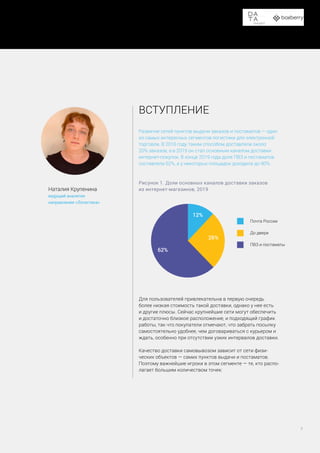 Доставка в пункты выдачи заказов и постаматы
7
ВСТУПЛЕНИЕ
Развитие сетей пунктов выдачи заказов и постаматов — один
из самых интересных сегментов логистики для электронной
торговли. В 2016 году таким способом доставляли около
20% заказов, а в 2019 он стал основным каналом доставки
интернет-покупок. В конце 2019 года доля ПВЗ и постаматов
составляла 62%, а у некоторых площадок доходила до 90%.
Рисунок 1. Доли основных каналов доставки заказов
из интернет-магазинов, 2019
Для пользователей привлекательна в первую очередь
более низкая стоимость такой доставки, однако у нее есть
и другие плюсы. Сейчас крупнейшие сети могут обеспечить
и достаточно близкое расположение, и подходящий график
работы, так что покупатели отмечают, что забрать посылку
самостоятельно удобнее, чем договариваться с курьером и
ждать, особенно при отсутствии узких интервалов доставки.
Качество доставки самовывозом зависит от сети физи-
ческих объектов — самих пунктов выдачи и постаматов.
Поэтому важнейшие игроки в этом сегменте — те, кто распо-
лагает большим количеством точек:
Наталия Крупенина
ведущий аналитик
направления «Логистика»
Почта России
До двери
ПВЗ и постаматы
12%
26%
62%
 