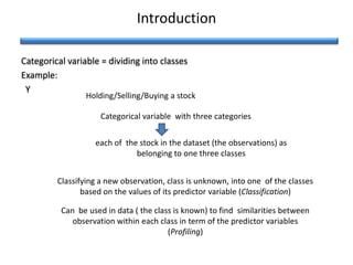 Introduction
Categorical variable = dividing into classes
Example:
Y
Holding/Selling/Buying a stock
Categorical variable with three categories
each of the stock in the dataset (the observations) as
belonging to one three classes
Classifying a new observation, class is unknown, into one of the classes
based on the values of its predictor variable (Classification)
Can be used in data ( the class is known) to find similarities between
observation within each class in term of the predictor variables
(Profiling)
 