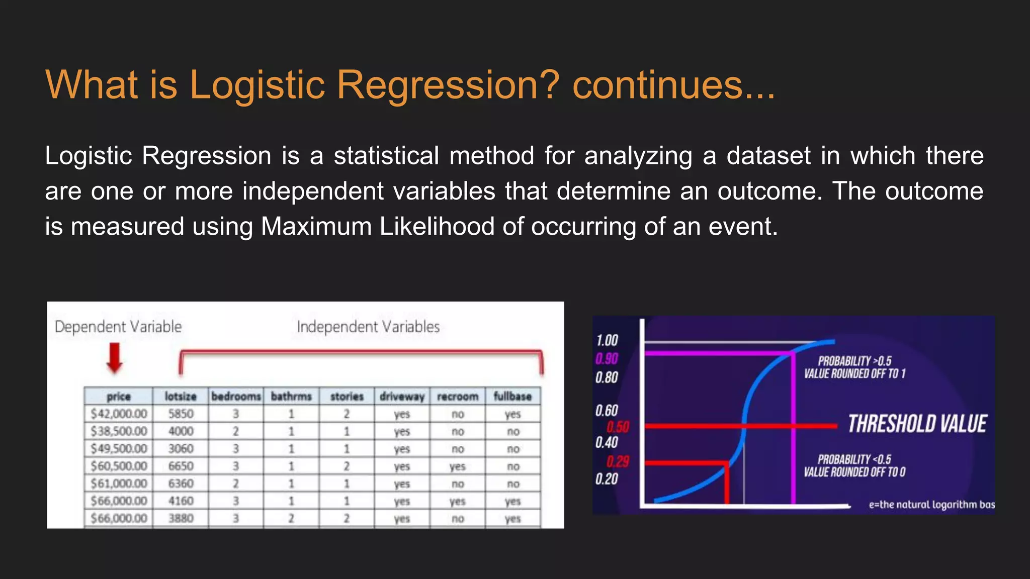 What is Logistic Regression? continues...
Logistic Regression is a statistical method for analyzing a dataset in which there
are one or more independent variables that determine an outcome. The outcome
is measured using Maximum Likelihood of occurring of an event.
 