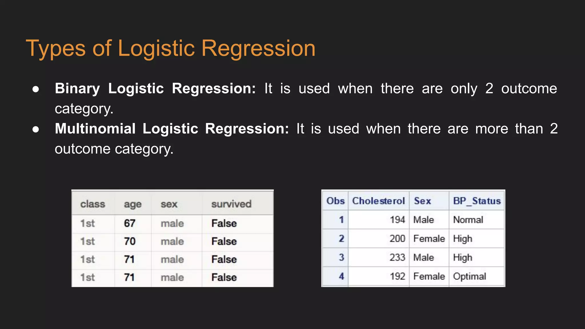 Types of Logistic Regression
● Binary Logistic Regression: It is used when there are only 2 outcome
category.
● Multinomial Logistic Regression: It is used when there are more than 2
outcome category.
 