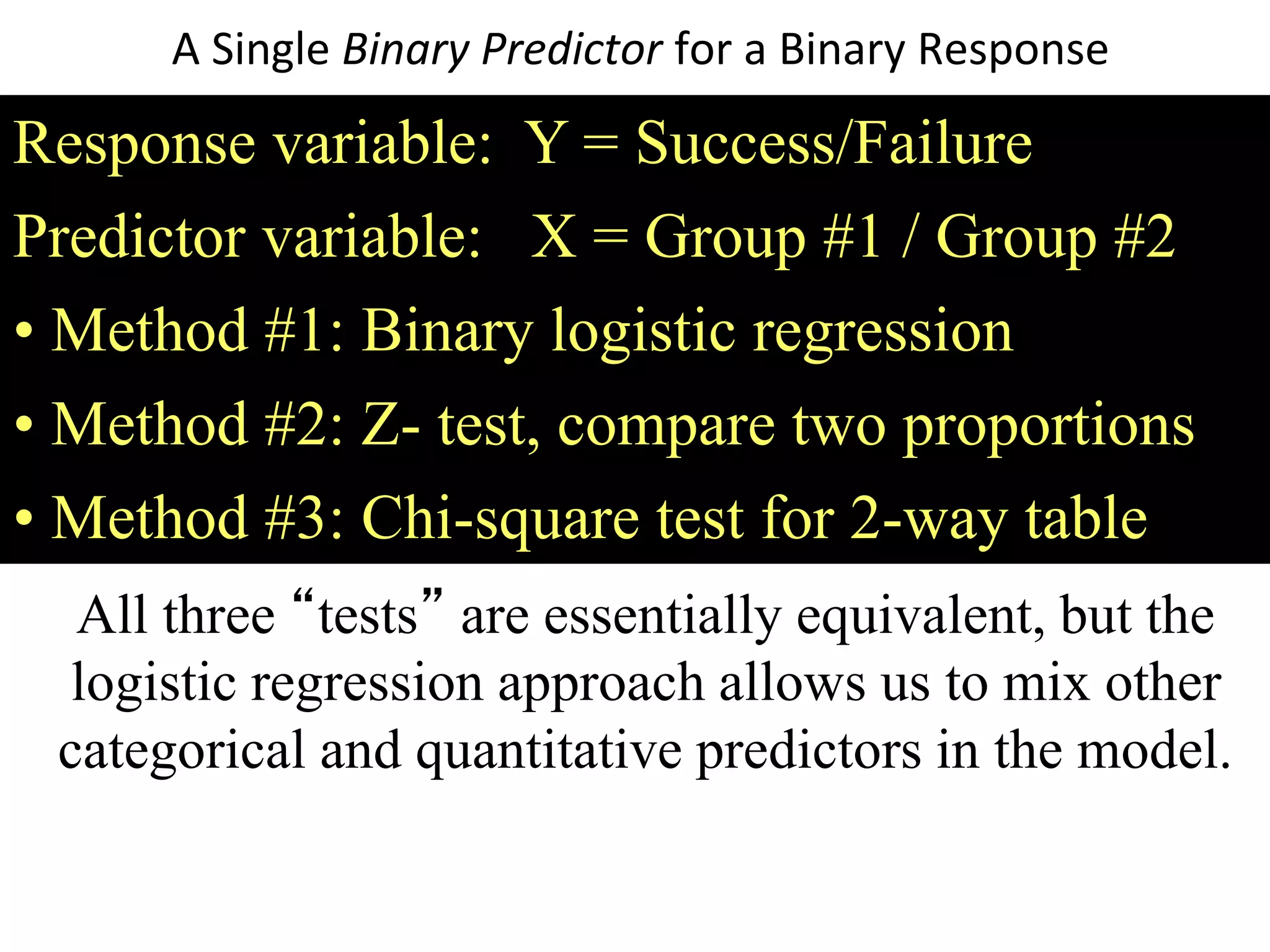 Response variable: Y = Success/Failure
Predictor variable: X = Group #1 / Group #2
• Method #1: Binary logistic regression
• Method #2: Z- test, compare two proportions
• Method #3: Chi-square test for 2-way table
All three “tests” are essentially equivalent, but the
logistic regression approach allows us to mix other
categorical and quantitative predictors in the model.
A Single Binary Predictor for a Binary Response
 
