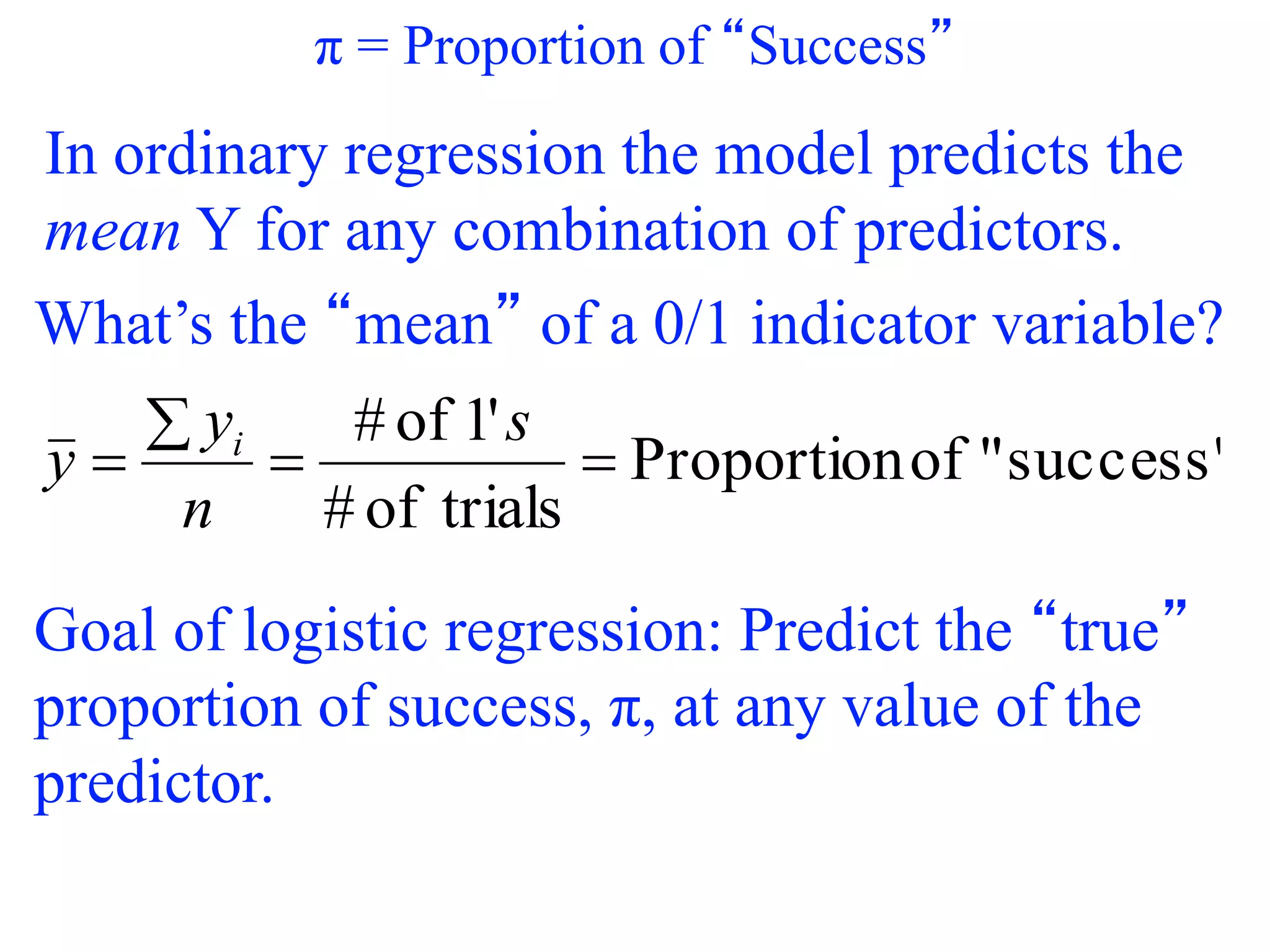 π = Proportion of “Success”
In ordinary regression the model predicts the
mean Y for any combination of predictors.
What’s the “mean” of a 0/1 indicator variable?
success""ofProportion
trialsof#
'1of#



s
n
y
y i
Goal of logistic regression: Predict the “true”
proportion of success, π, at any value of the
predictor.
 