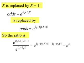 X is replaced by X + 1:
odds = eb0+b1X
is replaced by
odds = eb0+b1( X+1)
So the ratio is
eb0+b1( X+1)
e
b0+b1X
= eb0+b1( X+1)-(b0+b1X )
= eb1
 