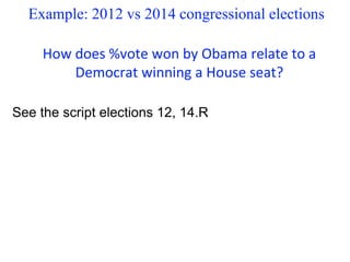 Example: 2012 vs 2014 congressional elections
How does %vote won by Obama relate to a
Democrat winning a House seat?
See the script elections 12, 14.R
 