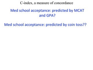 C-index, a measure of concordance
Med school acceptance: predicted by MCAT
and GPA?
Med school acceptance: predicted by coin toss??
 