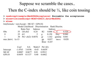 > newAccept=sample(MedGPA$Acceptance) #scramble the acceptances
> m1new=lrm(newAccept~MCAT+GPA10,data=MedGPA)
> m1new
lrm(formula = newAccept ~ MCAT + GPA10)
Model Likelihood Discrimination Rank Discrim.
Ratio Test Indexes Indexes
Obs 55 LR chi2 0.24 R2 0.006 C 0.520
0 25 d.f. 2 g 0.150 Dxy 0.040
1 30 Pr(> chi2) 0.8876 gr 1.162 gamma 0.041
max |deriv| 1e-13 gp 0.037 tau-a 0.020
Brier 0.247
Coef S.E. Wald Z Pr(>|Z|)
Intercept -1.4763 3.4196 -0.43 0.6659
MCAT 0.0007 0.0677 0.01 0.9912
GPA10 0.0459 0.1137 0.40 0.6862
Suppose we scramble the cases..
Then the C-index should be ½, like coin tossing
 
