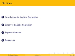 Outlines
1 Introduction to Logistic Regression
2 Linear vs Logistic Regression
3 Sigmoid Function
4 References
Dr. Varun Kumar Lecture 7 2 / 12
 
