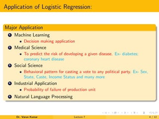 Application of Logistic Regression:
Major Application
1 Machine Learning
Decision making application
2 Medical Science
To predict the risk of developing a given disease. Ex- diabetes;
coronary heart disease
3 Social Science
Behavioral pattern for casting a vote to any political party. Ex- Sex,
State, Caste, Income Status and many more
4 Industrial Application
Probability of failure of production unit
5 Natural Language Processing
Dr. Varun Kumar Lecture 7 4 / 12
 