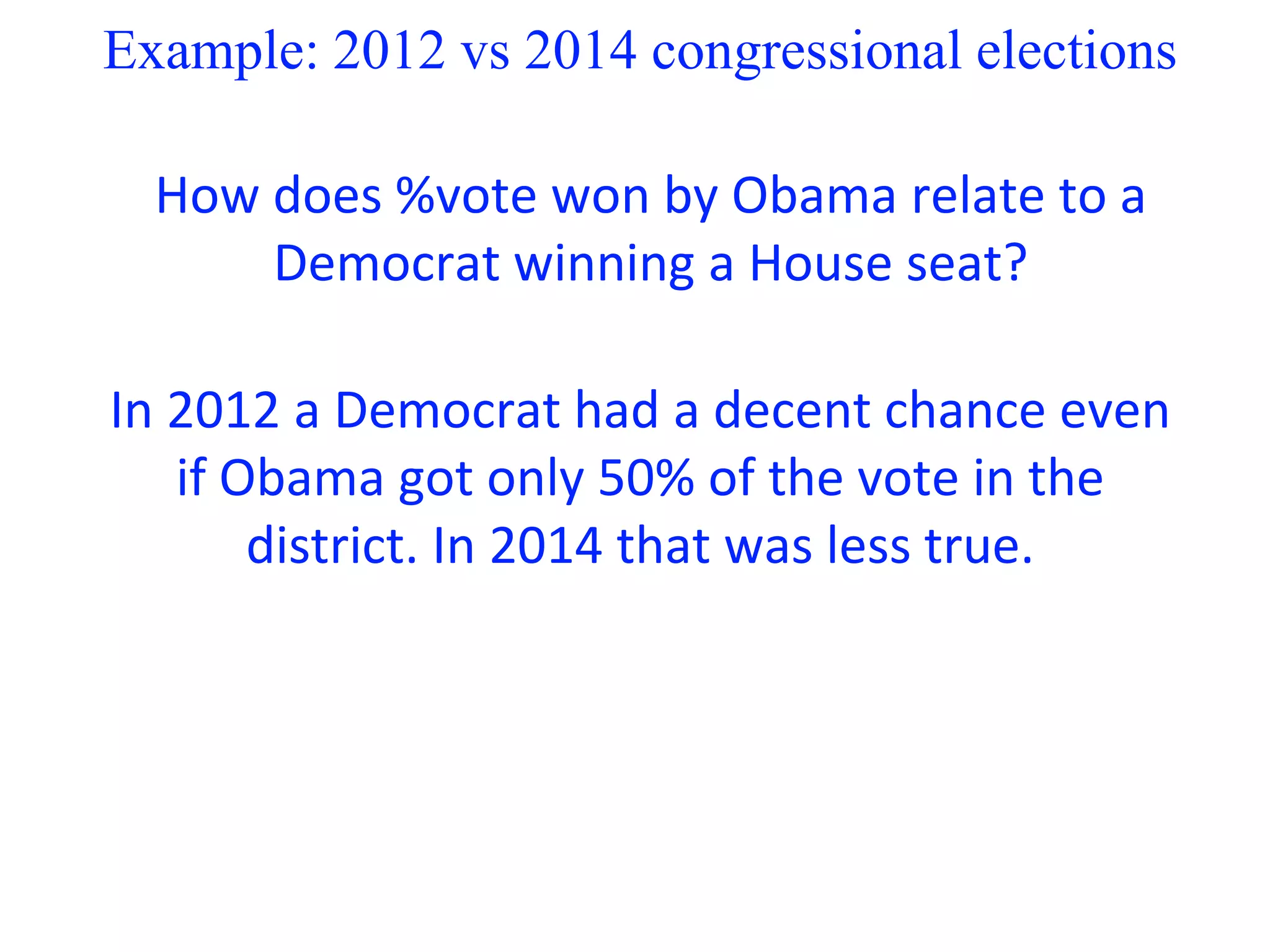 Example: 2012 vs 2014 congressional elections
How does %vote won by Obama relate to a
Democrat winning a House seat?
In 2012 a Democrat had a decent chance even
if Obama got only 50% of the vote in the
district. In 2014 that was less true.
 
