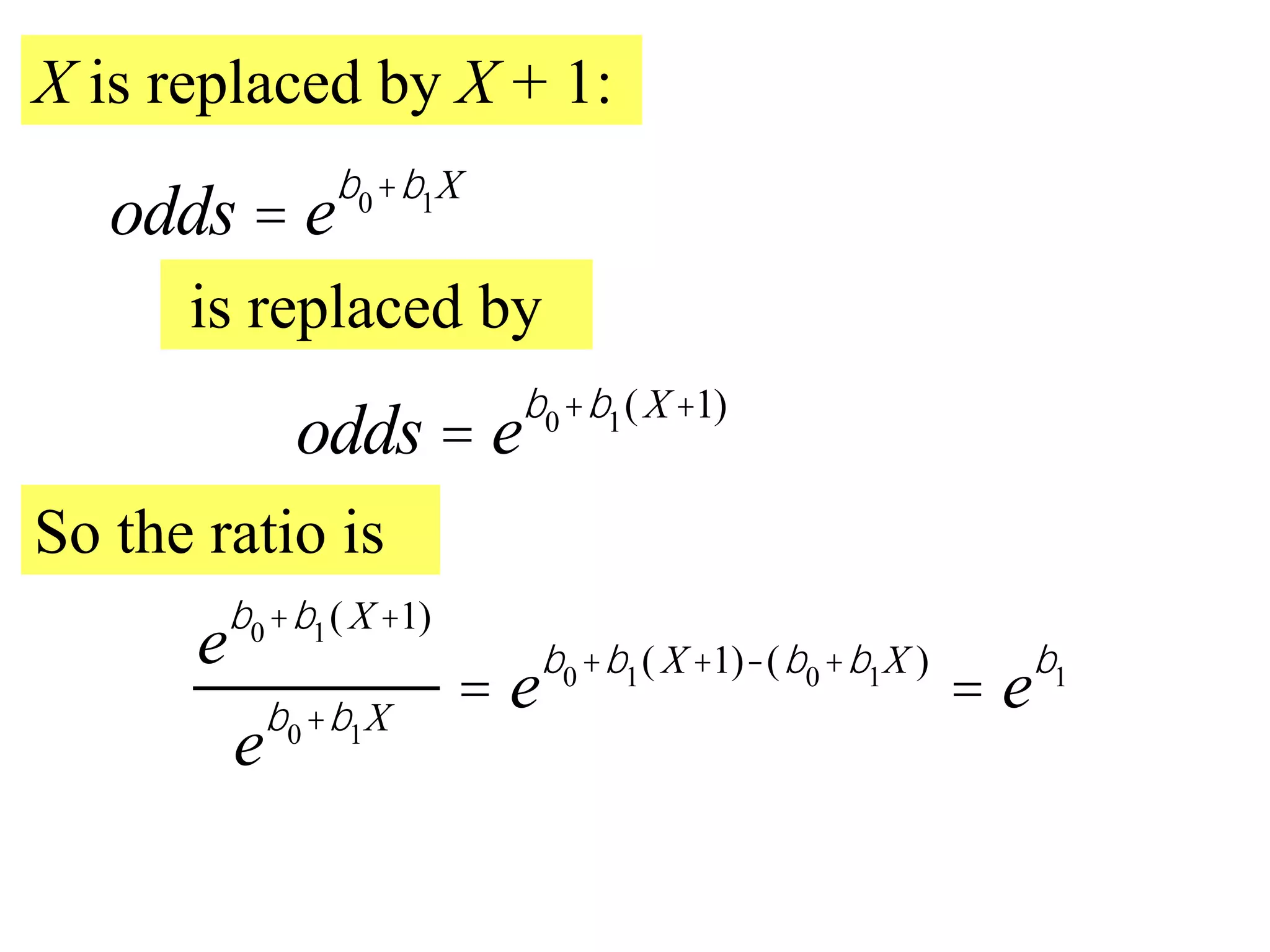 X is replaced by X + 1:
odds = eb0+b1X
is replaced by
odds = eb0+b1( X+1)
So the ratio is
eb0+b1( X+1)
e
b0+b1X
= eb0+b1( X+1)-(b0+b1X )
= eb1
 