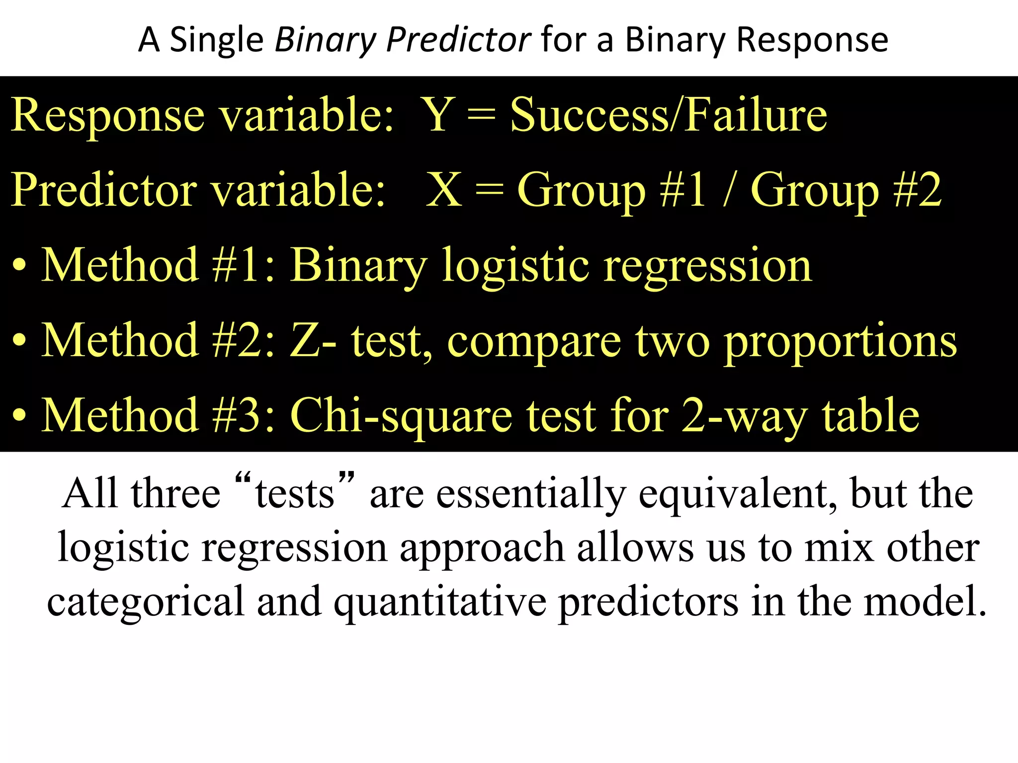 Response variable: Y = Success/Failure
Predictor variable: X = Group #1 / Group #2
• Method #1: Binary logistic regression
• Method #2: Z- test, compare two proportions
• Method #3: Chi-square test for 2-way table
All three “tests” are essentially equivalent, but the
logistic regression approach allows us to mix other
categorical and quantitative predictors in the model.
A Single Binary Predictor for a Binary Response
 