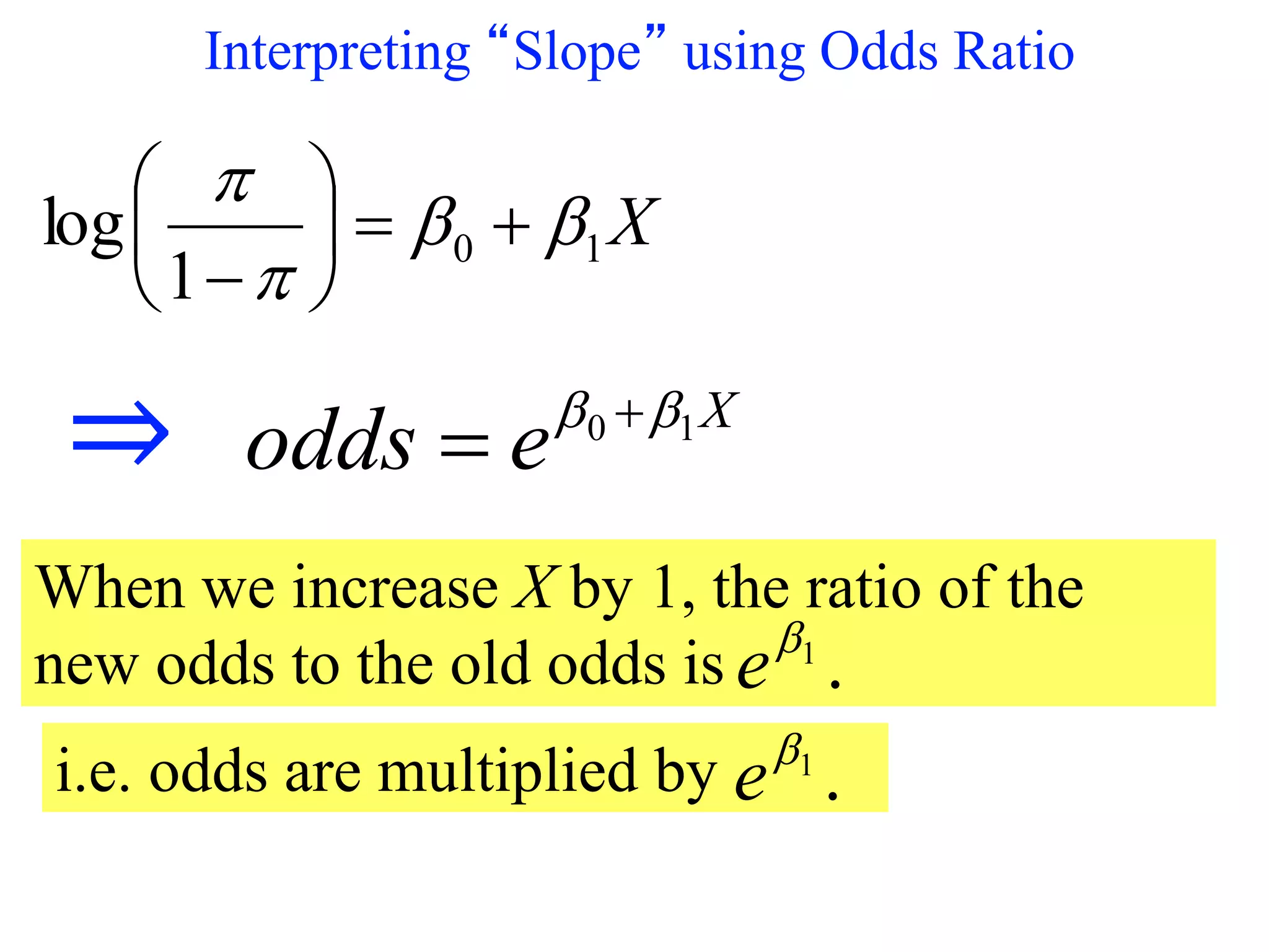 Interpreting “Slope” using Odds Ratio
X
1
0
1
log 












When we increase X by 1, the ratio of the
new odds to the old odds is .
1

e
X
e
odds 1
0 
 

⇒
i.e. odds are multiplied by .
1

e
 