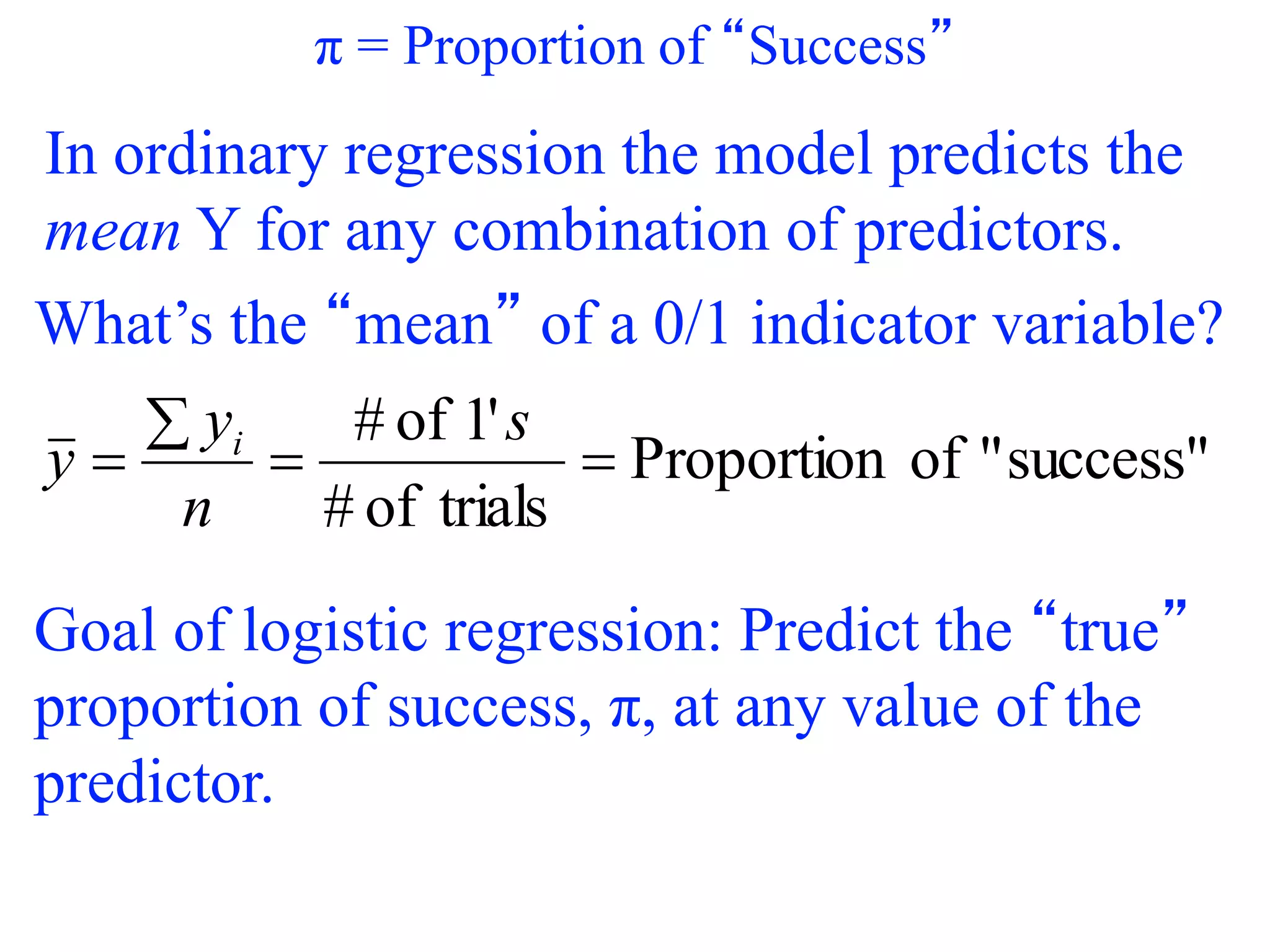 π = Proportion of “Success”
In ordinary regression the model predicts the
mean Y for any combination of predictors.
What’s the “mean” of a 0/1 indicator variable?
success"
"
of
Proportion
trials
of
#
'
1
of
#




s
n
y
y i
Goal of logistic regression: Predict the “true”
proportion of success, π, at any value of the
predictor.
 