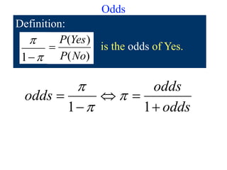 Odds
Definition:



1 )
(
)
(
No
P
Yes
P
 is the odds of Yes.
odds
odds
odds





1
1



 